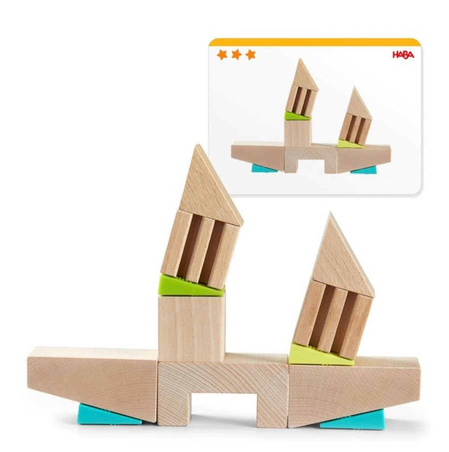 HABA Crooked Tower Wooden Blocks with Pattern Cards (Made in Germany)