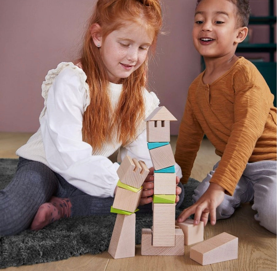 HABA Crooked Tower Wooden Blocks with Pattern Cards (Made in Germany)