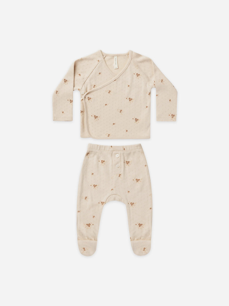 Pointelle Wrap Top + Footed Pant Set | Ditsy Clay