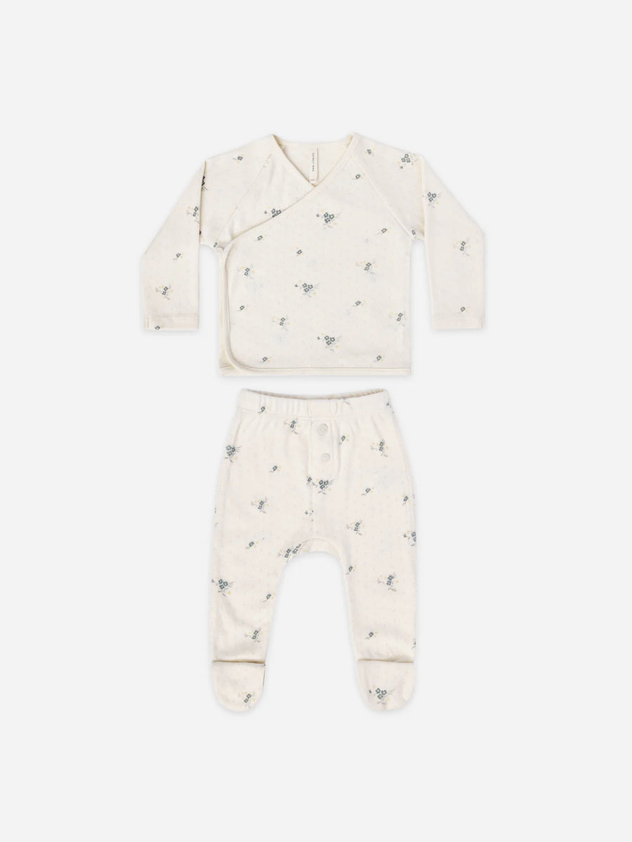 Pointelle Wrap Top + Footed Pant Set | Ditsy Ocean