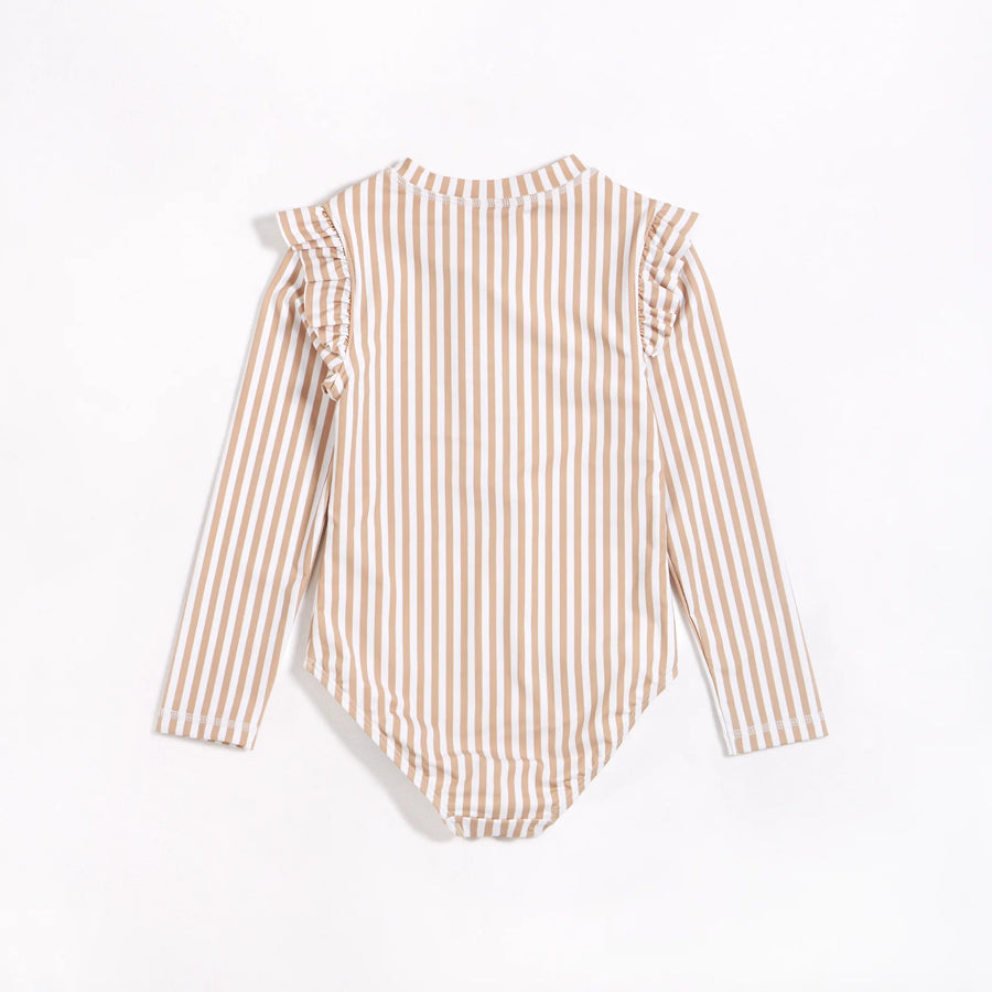 Taupe Striped Long Sleeve One-Piece Swimsuit